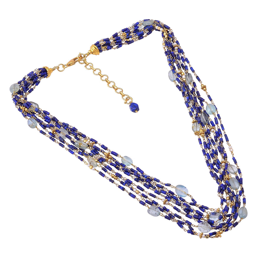 Buy Indian Handcrafted Silver Gold Plated Lapis/pearl/aquamarine Bunch Necklace