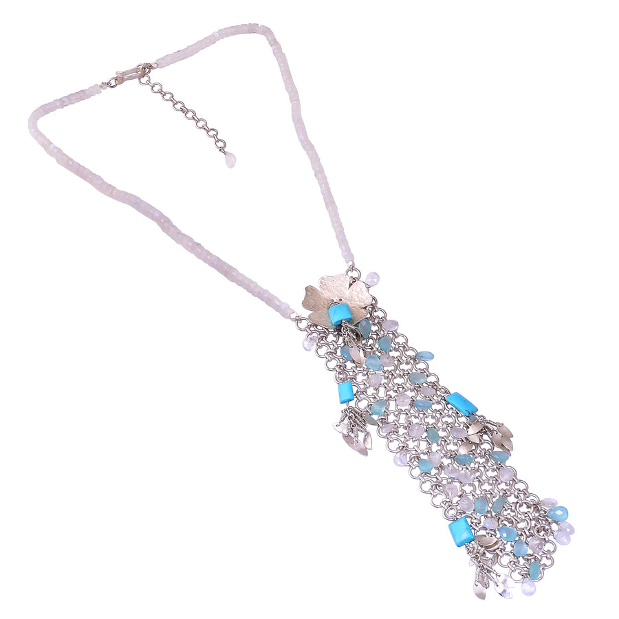 Buy Handcrafted Silver Rainbow Moonstone/turquoise Flower Link Jaal Necklace