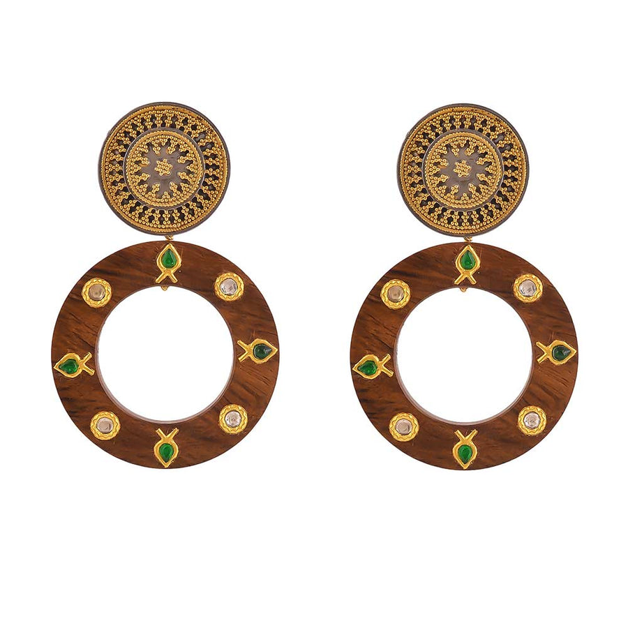 Buy Hand Crafted Silver Gold Black Plated Jadau Wood Earring