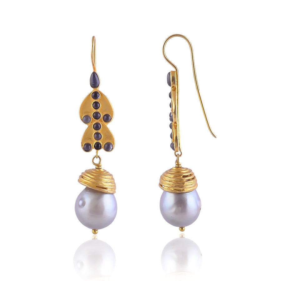 Buy Hand Crafted Silver Gold Plated Iolite/grey Pearl Earring