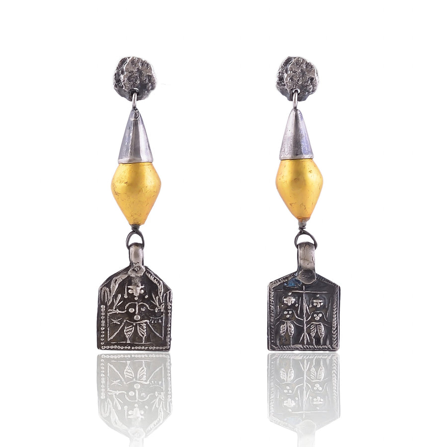 Buy Handmade Silver Oxidized Patri With Gold Wax Bead Earring