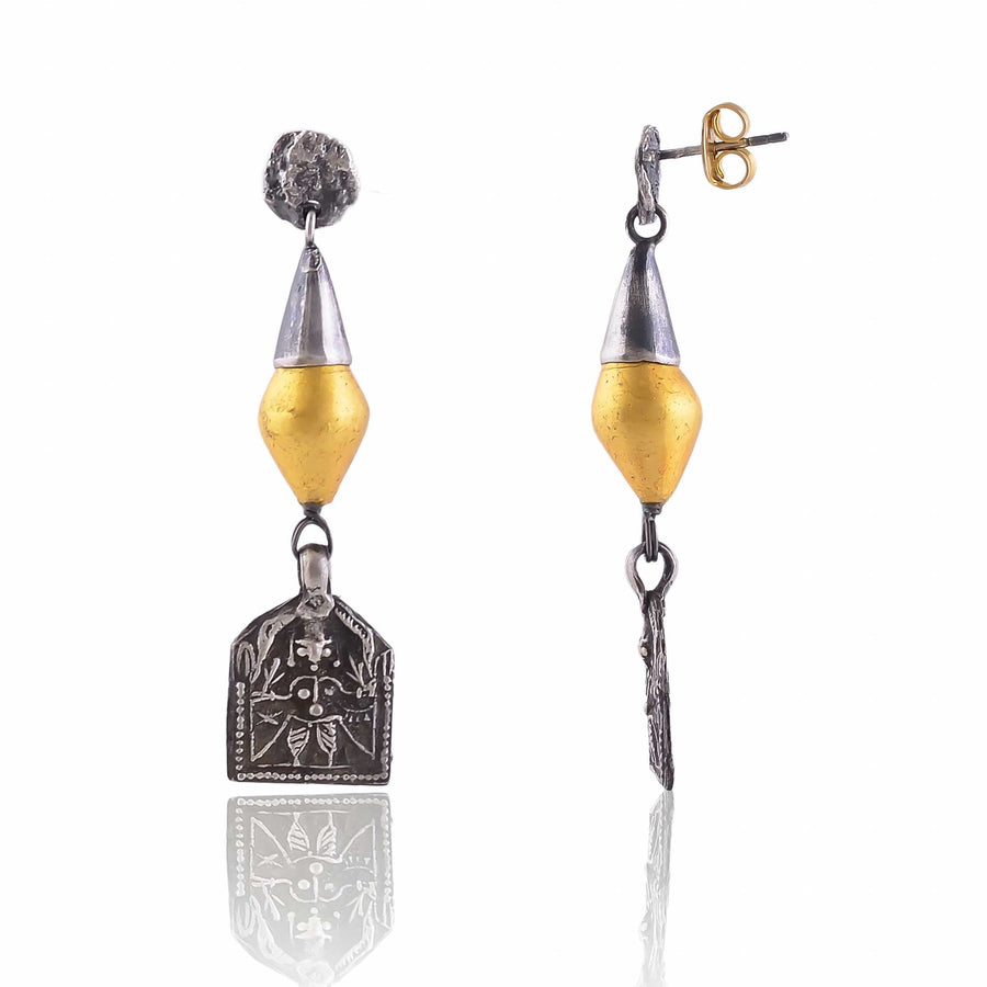 Buy Indian Handmade Silver Oxdised Patri With Gold Wax Bead Earring