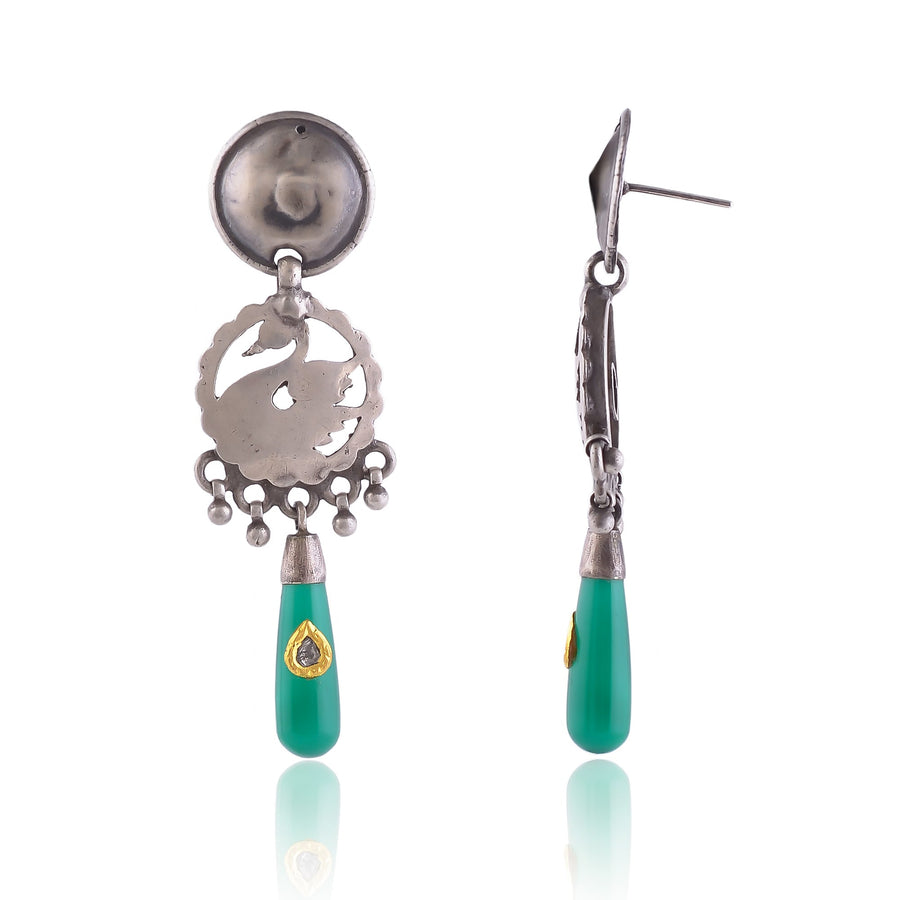 Buy Indian Hand Crafted Silver Oxidised Green Onyx/dimond Jadau Earring