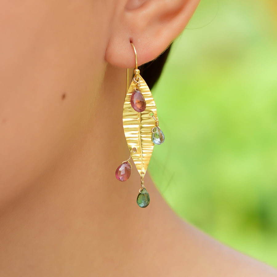 Buy Hand Crafted Silver Gold Plated Tourmaline Texture Leaf Earring