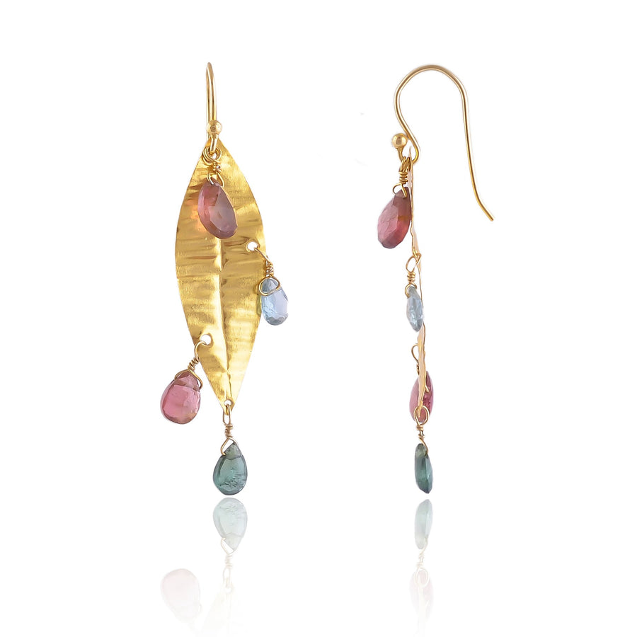 Buy Hand Crafted Silver Gold Plated Tourmaline Texture Leaf Earring
