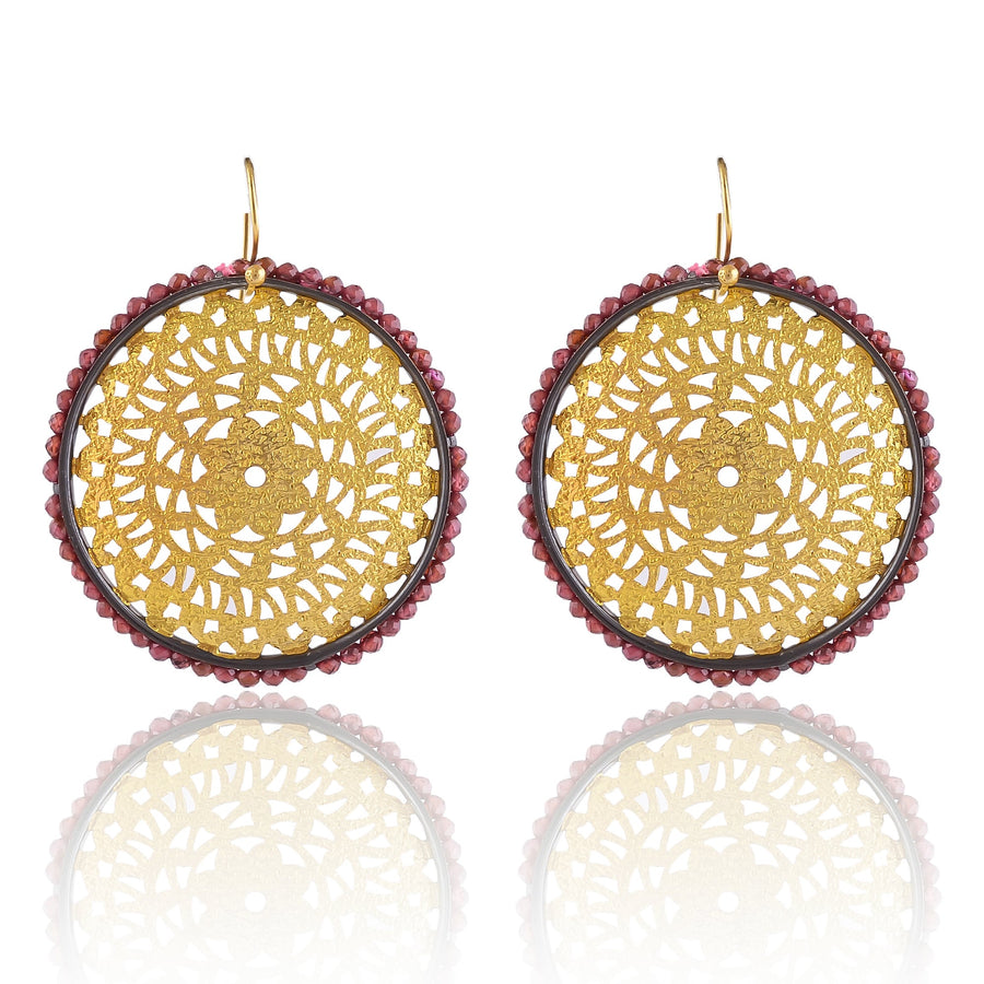 Buy Hand Crafted Silver Gold Black Plated Garnet Cut Work Earring