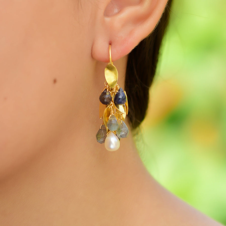 Buy Indian Handmade Silver Gold Plated Labradorite/iolite/pearl Leaf Cluster Earring