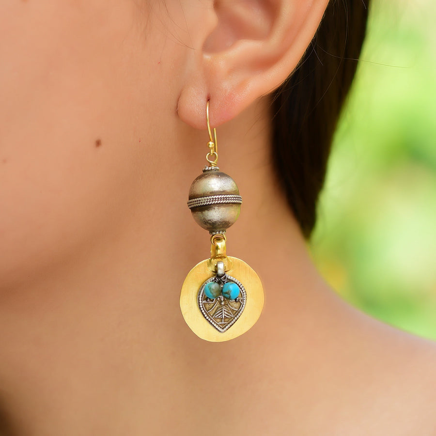 Buy Indian Hand Crafted Silver Oxidised Bead With Gold Plated Sheet Earring