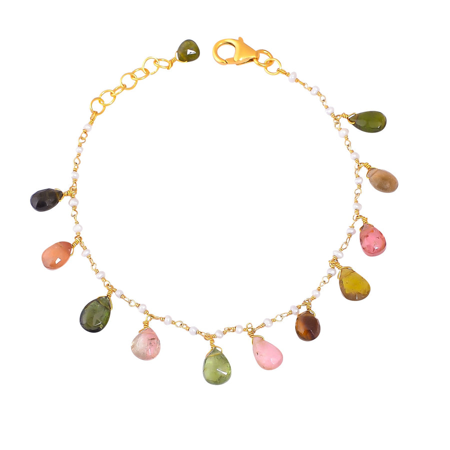 Buy Handcrafted Silver Gold Plated Multi Tourmaline Pearl Bracelet
